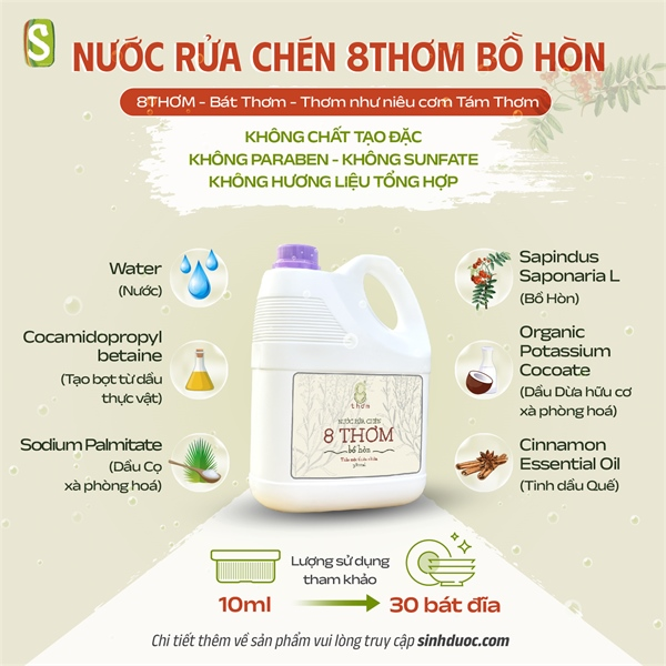 Nước rửa chén 8 Thơm bồ hòn 3,8 lít